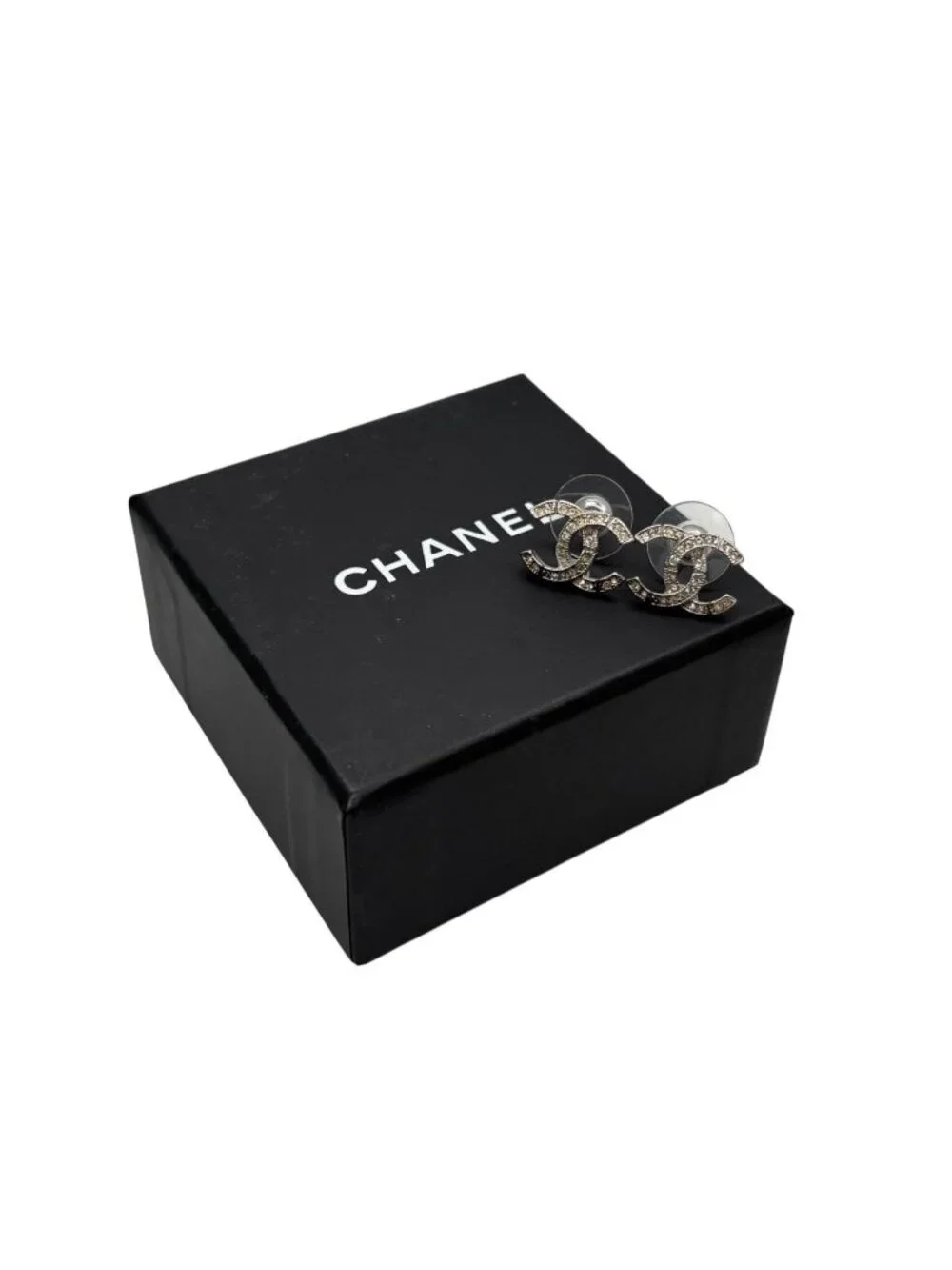 Chanel CC Logo Earrings Rhinestone Metal Clear Silver